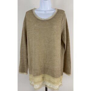 EASEL Beige Gauzy Knit Overlay Sweater Scoop Neck Raw Hem Pullover Sz L